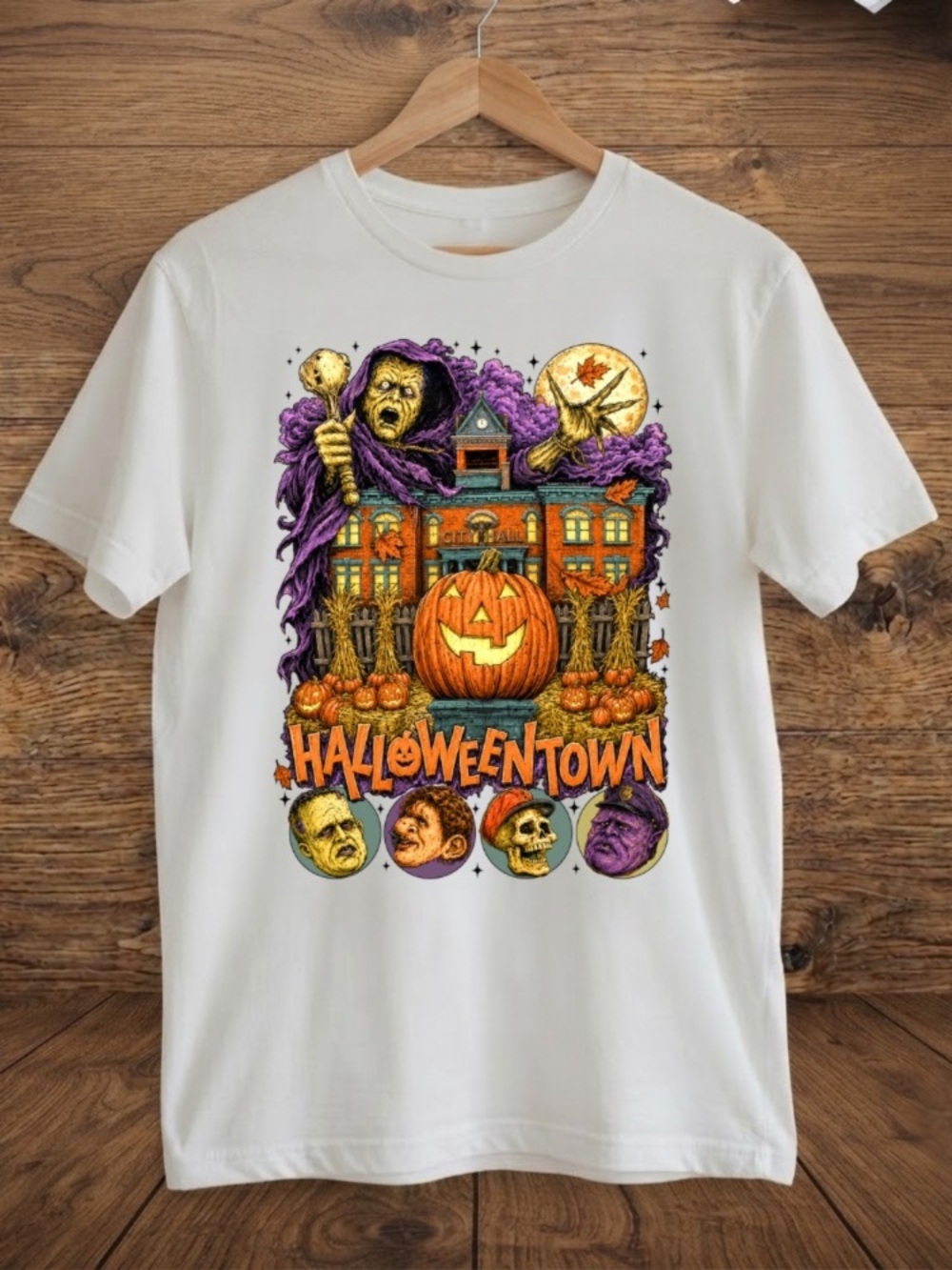White HalloweenTown Graphic Tee with Orange Pumpkin & Purple Hood